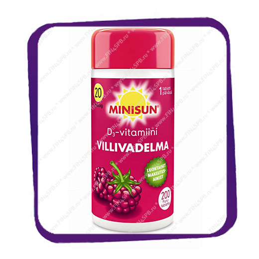 фото: Minisun Villivadelma D3-vitamiini 20 mikrog (Минисан витамин D3 20 мкг - вкус дикая малина) жевательные таблетки - 200 шт