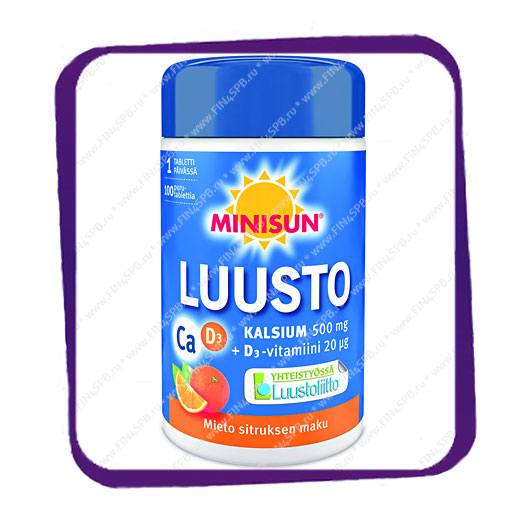 фото: Minisun Luusto Kalsium 500 mg +D3 20 mkg (Витамины для костей со вкусом апельсина) жевательные таблетки - 100 шт