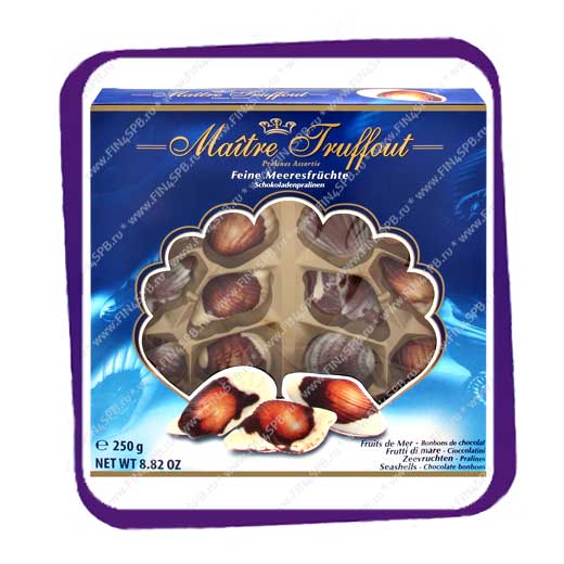 фото: Maitre Truffout - Pralines Assortie - 250gr - шоколадные ракушки, синяя коробка.
